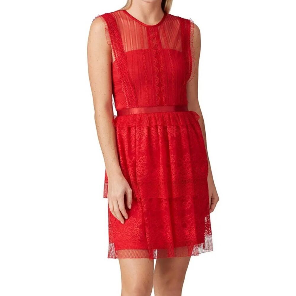 Three Floor Sheer Lace High Neck Mini Dress Sz 6 Red Coquette Romantic Cocktail